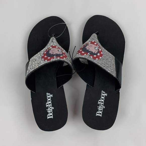 Betty Boop Sparkle rhinestone Wedge sandals Flip flop style Size 9 Red black NWT - Picture 7 of 15
